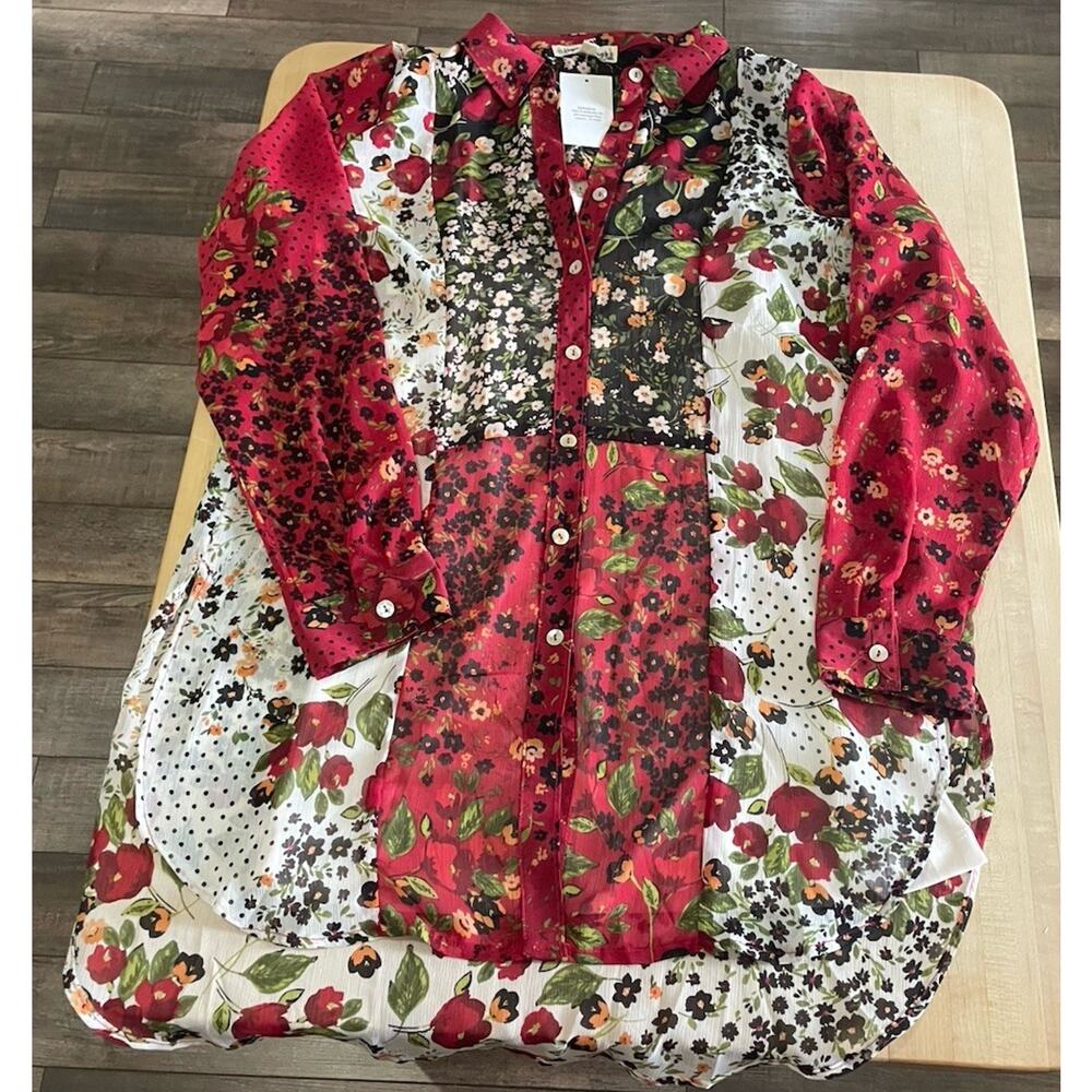 Hope Springs Red Floral Patchwork Sheer Button Down Tunic Top With Cami S Boho